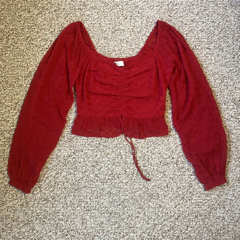 Hollister Womens Long Sleeve Crop Top Size S Sheer Red Coquette Romantic Xmas
